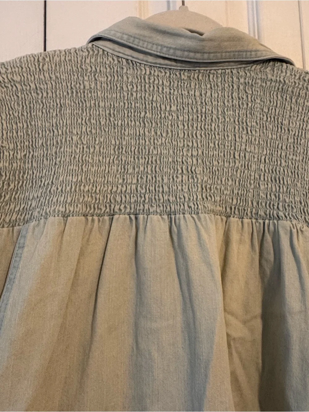 Free People Light Denim Button-Front Smocked Yoke Mini Dress